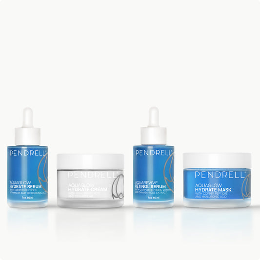 Pendrell Essential Hydration Set with Hydrate Serum, Hydrate Cream, Retinol Serum, and Hydrate Mask for complete daily and nightly skincare.