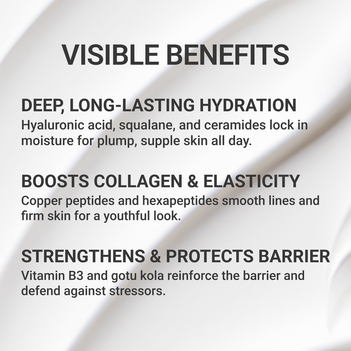 Skincare benefits graphic highlighting Hydrate Cream: long-lasting hydration, boosted collagen and elasticity, and stronger skin barrier with niacinamide.