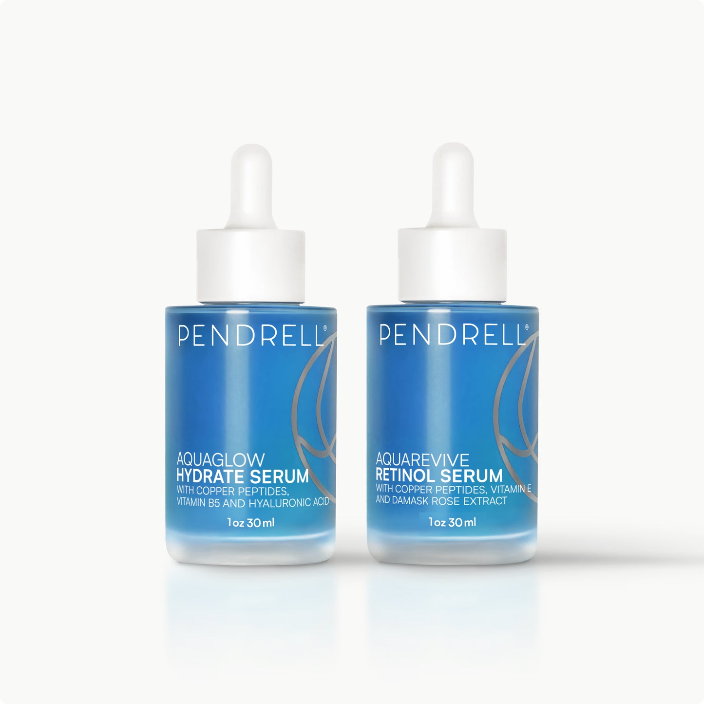 Pendrell Hydrate & Renew Set featuring Hydrate Serum with hyaluronic acid and Retinol Serum with copper peptides for hydration and nightly renewal.