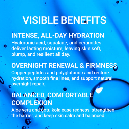 Pendrell Hydration Duo Set benefits graphic highlighting all-day hydration with hyaluronic acid and ceramides, overnight renewal with copper peptides, and a balanced complexion with aloe vera.