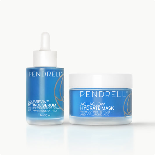 Pendrell Nightly Hydration Set with Retinol Serum and Hydrate Mask, designed to smooth fine lines, boost firmness, and restore overnight hydration.