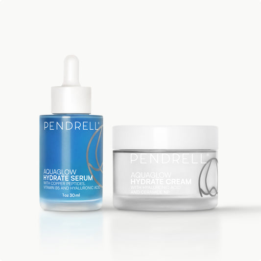 Daily Hydration Set with Pendrell Hydrate Serum and Hydrate Cream, formulated with hyaluronic acid, vitamin B5, squalane, and niacinamide for all-day moisture.