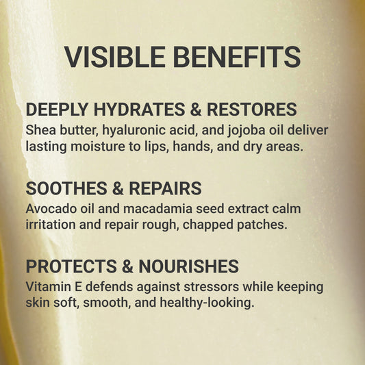 Visible benefits of Pendrell Hydrate Balm with shea butter, hyaluronic acid, and jojoba oil for deep hydration, soothing repair, and nourishment.