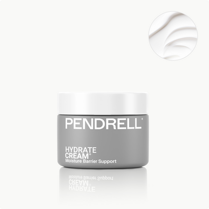 Pendrell Hydrate Cream jar with hyaluronic acid and ceramide NP, daily moisturizer for deep hydration.