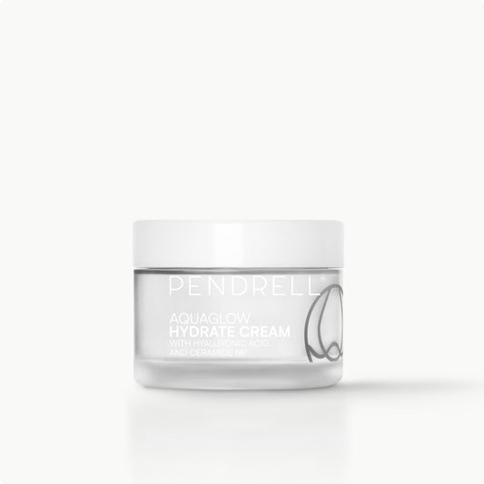 Pendrell Hydrate Cream jar with hyaluronic acid and ceramide NP, daily moisturizer for deep hydration.