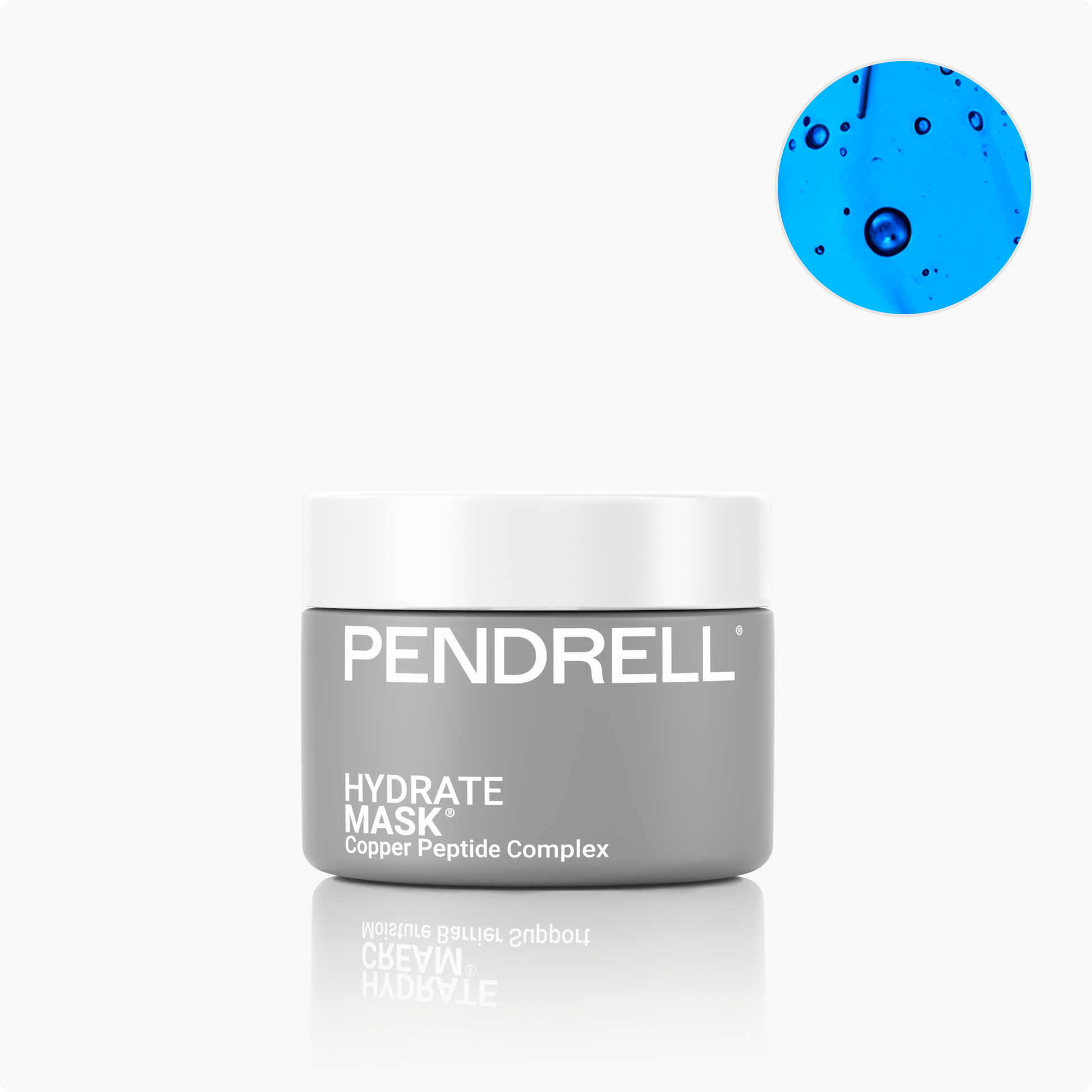 Pendrell Hydrate Mask visible benefits graphic highlighting overnight hydration with hyaluronic acid, brightening with niacinamide, and soothing with centella. 