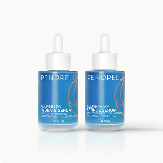 Pendrell Hydrate & Renew Set featuring Hydrate Serum with hyaluronic acid and Retinol Serum with copper peptides for hydration and nightly renewal.