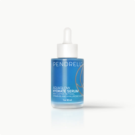 Pendrell Hydrate Serum bottle with hyaluronic acid, vitamin B5, and copper peptides for deep hydration and skin barrier support.