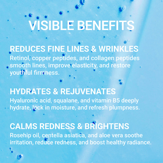 Pendrell Retinol Serum visible benefits graphic highlighting wrinkle reduction, hydration, and redness calming with peptides, hyaluronic acid, and rosehip oil.